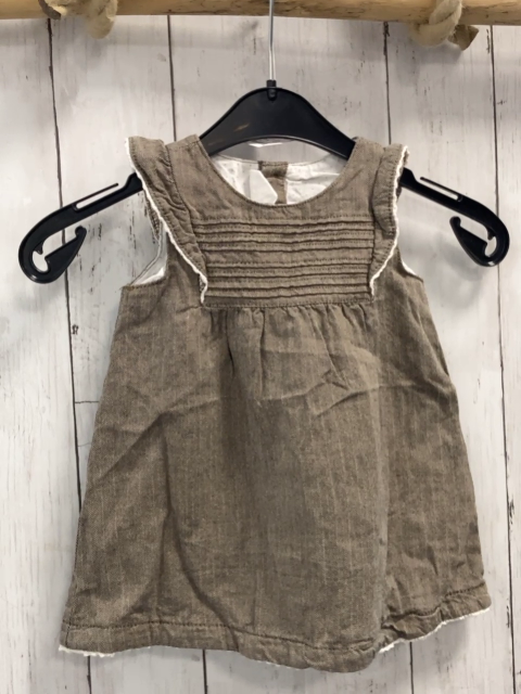 H&M  Kleid  Gr. 68  braun grau gemustert Rüschen + Saum mit weißer Häkelborte 