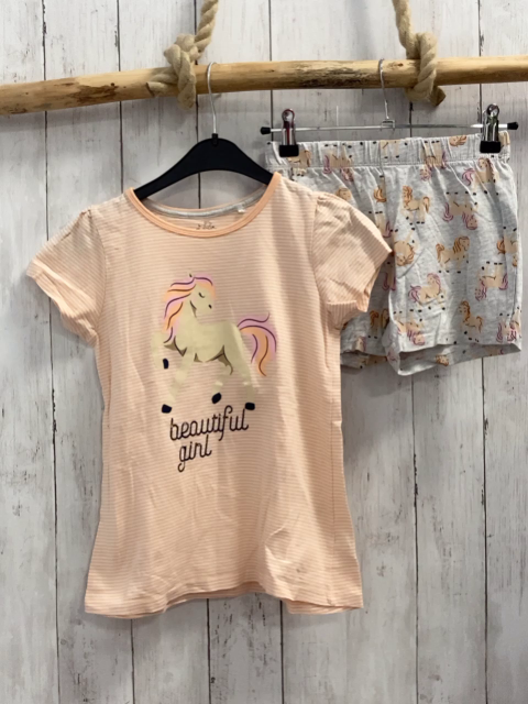 2tlg  T-Shirt + Shorts  Gr. 122/128  orange weiße Streifen Pferd Schrift 