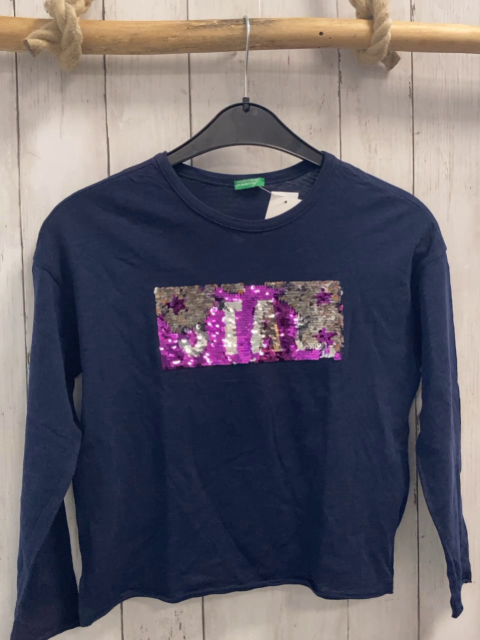 Benetton Langarmshirt Gr. 140  blau Pailettenschrift