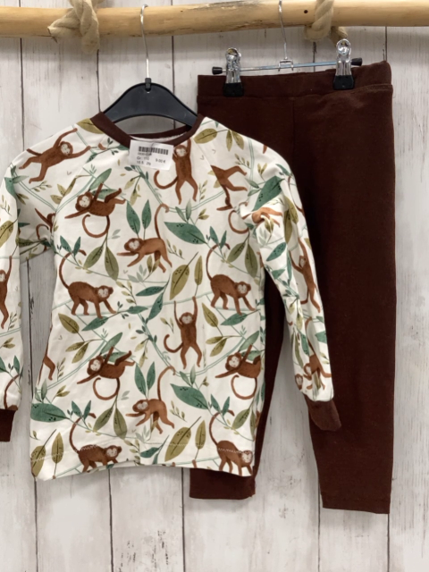 2tlg  Pullover + Leggings  Gr. 110  weiß Affen Blätter brauner Bund + braun 