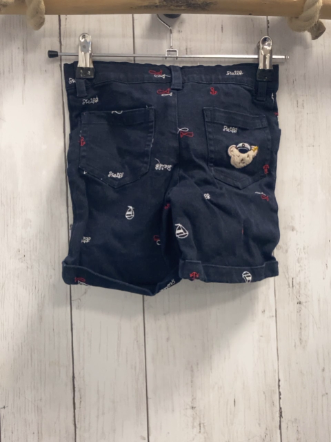 Steiff  Shorts  Gr. 98  dunkelblau verstellbarer Bund  weiß rote Fische Segelboote Schrift 