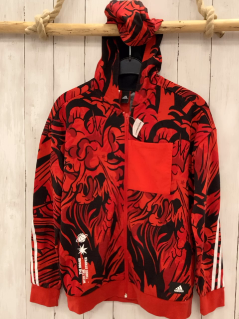 Adidas  Sweatjacke  Gr. 164  rot schwarzer Druck weiße Streifen Kapuze 