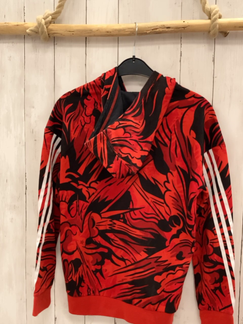 Adidas  Sweatjacke  Gr. 164  rot schwarzer Druck weiße Streifen Kapuze 