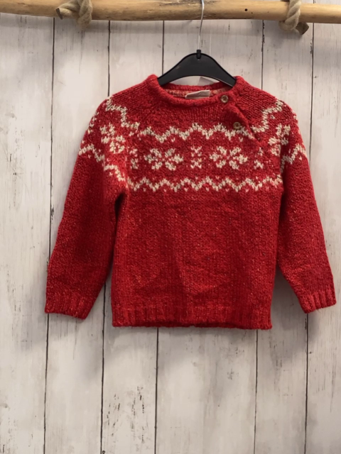   Pullover  Gr. 92  rot Strick + weiß hellgraue Kristalle + Zackenstreifen 