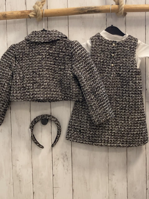 4tlg Rachel Zoe  Jacke Kleid Langarmshirt + Haarreifen  Gr. 92  schwarz weiß golden gemustert 