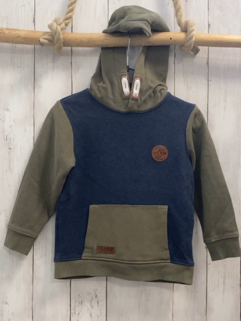 Pullover  Gr. 110  blau kiwi Ärmel Bauchtasche + Kapuze 