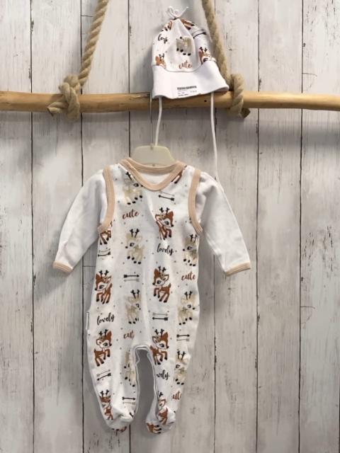 3tlg  Strampler + Sweatjacke + Mütze  Gr. 68  weiß Rehe beige Bund 