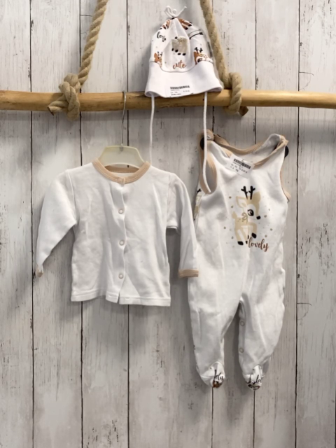 3tlg  Strampler + Sweatjacke + Mütze  Gr. 68  weiß Rehe beige Bund 