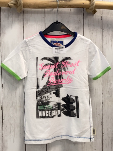 Vingino  T-Shirt  Gr. 110  weiß blau hellgrüner Bund Schilder Palmen Schrift 