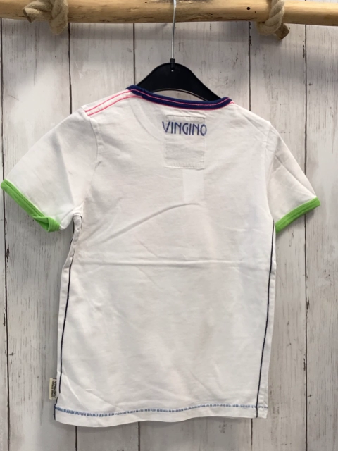 Vingino  T-Shirt  Gr. 110  weiß blau hellgrüner Bund Schilder Palmen Schrift 