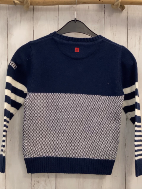 Retour Pullover  Gr. 122/128  blau + blau weiß gemustert + weiße Streifen + weiße Schrift Strick 