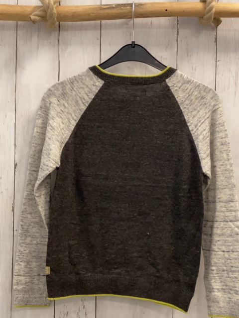 Scotch Shrunk  Pullover  Gr. 128  grau + kiwi gelber Ball + hellgrau melierte Ärmel gelber Bund 