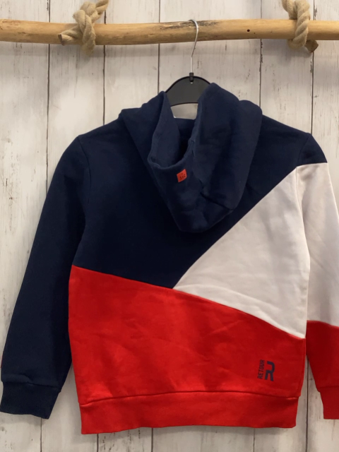 Retour  Pullover  Gr. 122/128  blau rot weiß mit Kapuze + weißer Schrift 