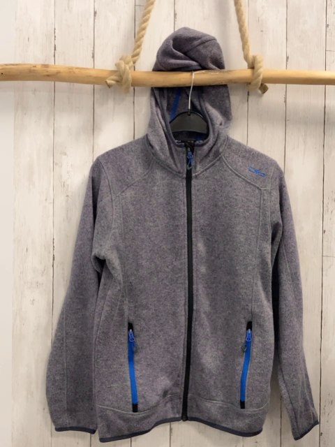 CMP  Strickjacke  Gr. 164  hellgrau grau meliert dunkelgrauer Bund Kapuze blaue Reißverschlüsse 