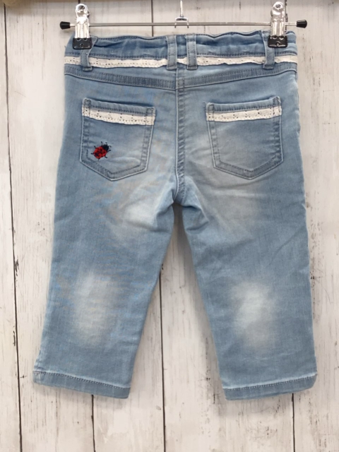   Caprihose  Gr. 104  blau Jeans Blumen Käfer weißer Spitzenbund mit Lochstickerei Bund verstellbar 
