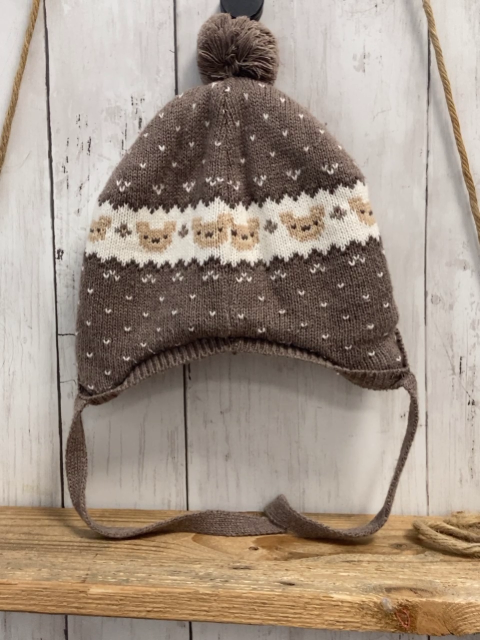 H&M  Mütze  Gr. 74/80  grau weiß Strick Bärenköpfe weiße Häkchen 