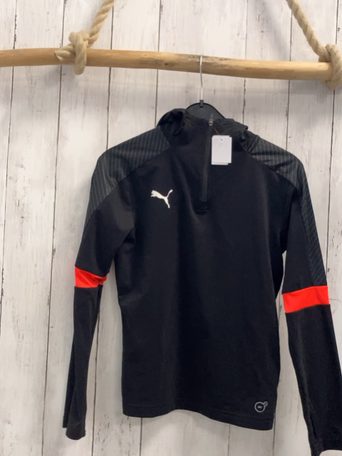 Puma  Sportshirt lang  Gr. 134/140  schwarz Kapuze + schwarz grau gemustert +orange Streifen am Ärmel 