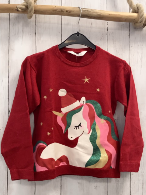 H&M  Pullover  Gr. 122  rot Strick Einhorn mit Glitzer+ Weihnachtsmütze 