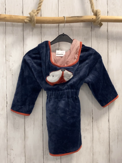  Bademantel  Gr. 92  blau Plüsch rost Bund + weiß rost Streifen