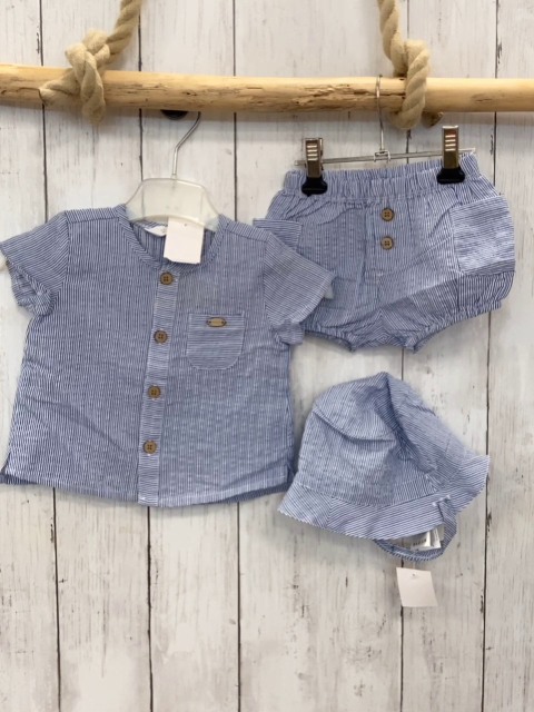 3tlg Mayoral Sommerhemd + Shorts + Kappe Gr. 62  blau weiß gestreift
