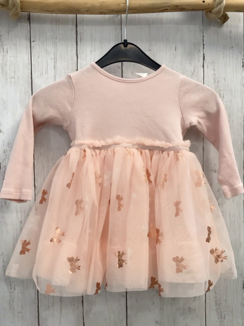 H&M Kleid Gr. 80  rosa geripptes Oberteil Tüllrock mit Glitzerschleifen