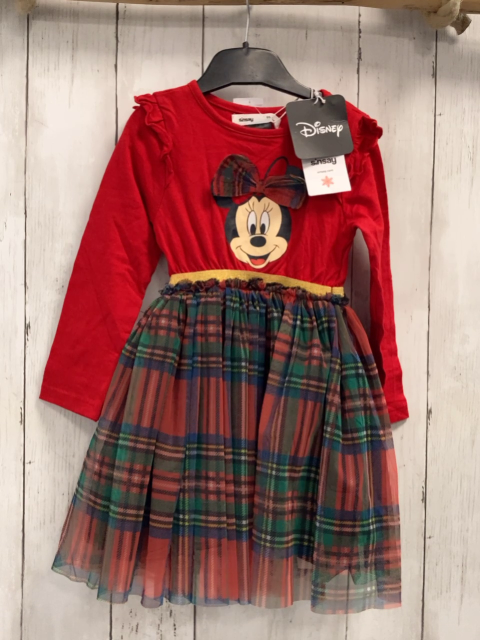 neu Disney  Kleid  Gr. 98   rotes Oberteil mit Minnie Mouse karierter Rock goldenes Glitzergürtelband 