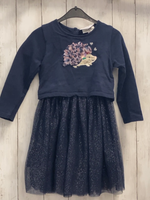 Happy Girls  Kleid  Gr. 116  blaues Oberteil mit Igel mit bunten Rosetten blauer Tüllüberrock mit silber Glitzerpunkten 