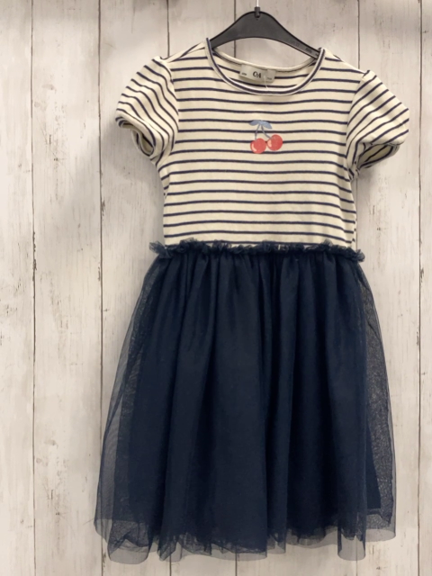   Kleid  Gr. 116  weiß blau gestreiftes Oberteil mit Glitzerkirschenblauer Tüllrock