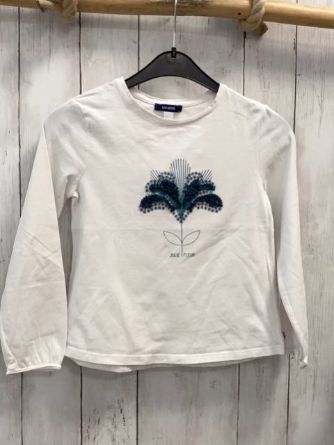 Okaidi Langarmshirt  Gr. 128  weiß petrol Blume mit Rosetten 