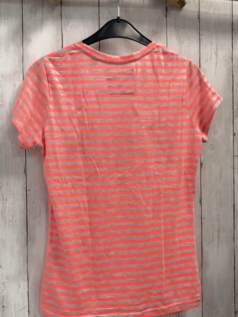 Superdry  T-Shirt  Gr. 164/170  neonrot hellgraue Streifen dunkelblaue Schrift  