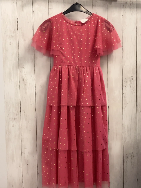 Mini Boden  Kleid Gr. 146/152  himbeere Tüllüberkleid mit goldenen Glitzersternen + -punkten Rüschenärmel mit Gürtel 