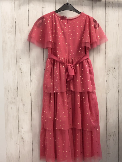 Mini Boden  Kleid Gr. 146/152  himbeere Tüllüberkleid mit goldenen Glitzersternen + -punkten Rüschenärmel mit Gürtel 