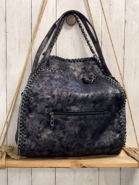 Paolo Bags  Tasche  grau silber gemustert Rand + Griffe mit silber Kette Breite ca. 39 cm Höhe ca. 40 cm