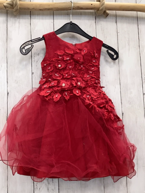   Kleid  Gr. 92  rot Rosetten mit Perlen + Steinen Tüllüberrock 