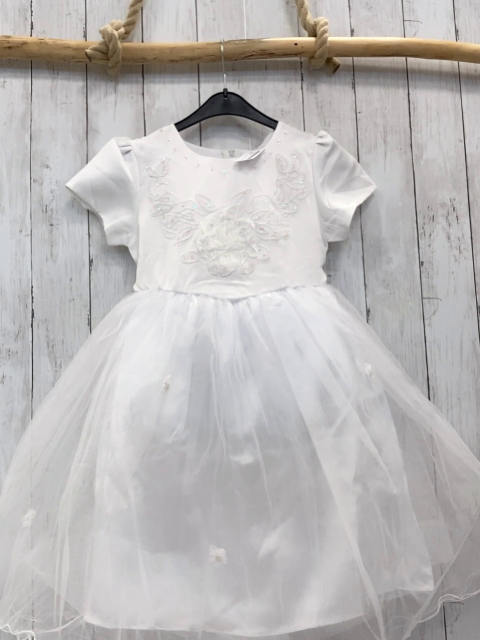 neu  Kleid  Gr. 128  weißes Oberteil mit Blumenstickerei + Pailetten 3 lagiger Tüllüberrock mit Rosetten 