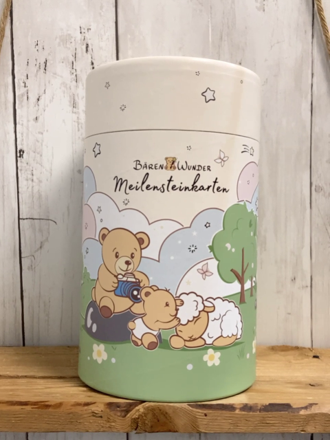 neu  Meilensteinkarten in runder Dose mit Bären + Bäumen 