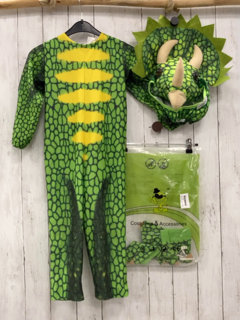 4tlg  Karnevalkostüm Gr. 110  hellgrün grau Dino Overall Mütze Handschuhe Stulpen 