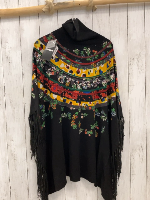 neu Desigual M  Poncho  schwarz Feinstrick bunte Streifen mit blumen Pailetten Fransenbund 
