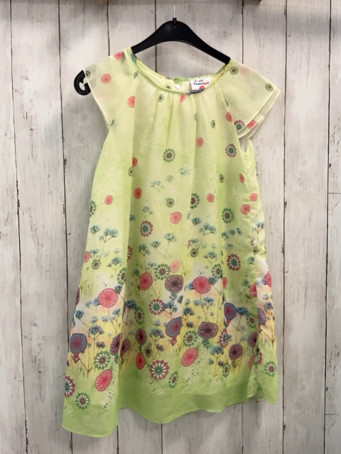   Kleid  Gr. 128  hellgrün transparentes Überkleid mit bunten Blumen + Kreisen