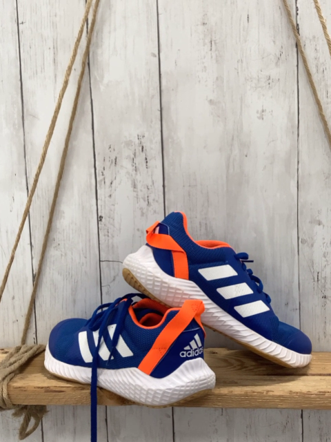 Adidas  Schuhe  Gr. 38 2/3   blau weiße Streifen + Sohle orange Bund 