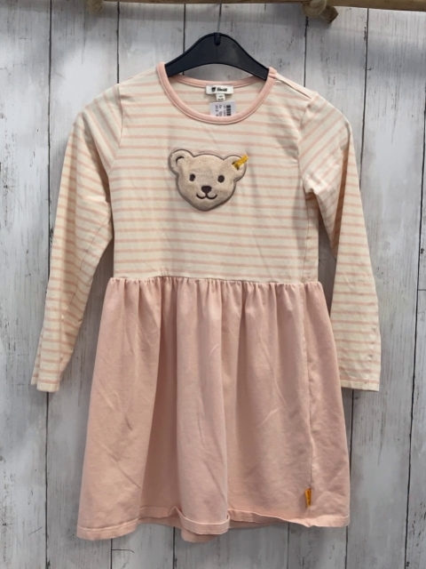 Steiff  Kleid  Gr. 122  weiß rosa gestreiftes Oberteil rosa Rock Plüschbärenkopf mit Quietscheton 