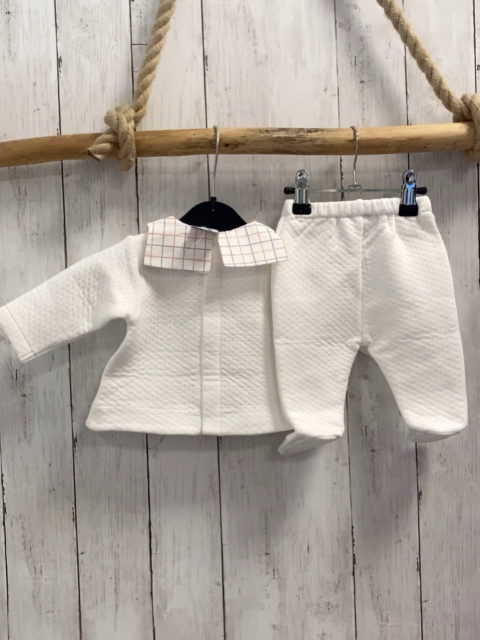 neu 2tlg Jacadi  Pullover + Babyhose  Gr. 56  weiß Struktur + Kragen mit blau roten Karos 