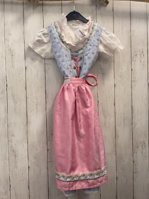 3tlg Stockerpoint Trachtenkleid + Bluse + Schürze Gr. 134  blau weiß kariert + weiß + rosa mit weißen Punkten