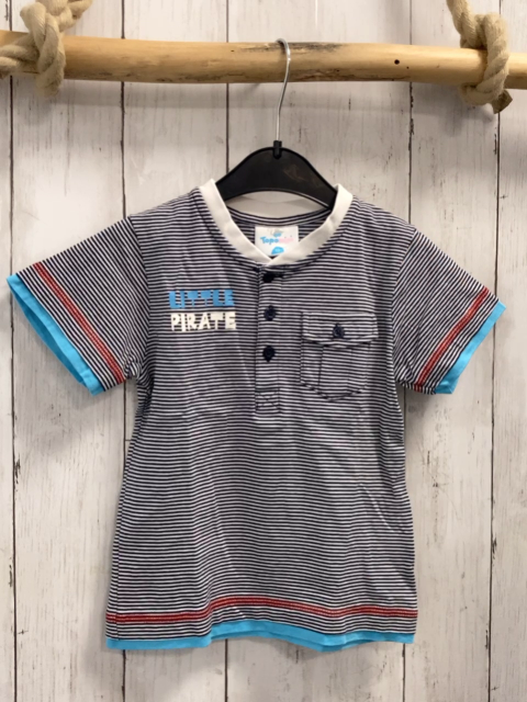   T-Shirt  Gr. 92  blau hellgraue Streifen hellblaure Bund rote Nähte 