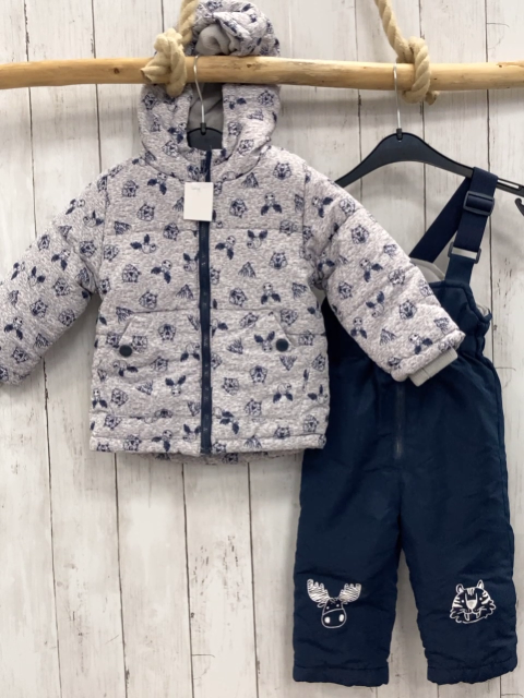 2tlg  Schneeanzug  Gr. 86  hellgrau weiß meliert blaue Tierköpfe + blau 