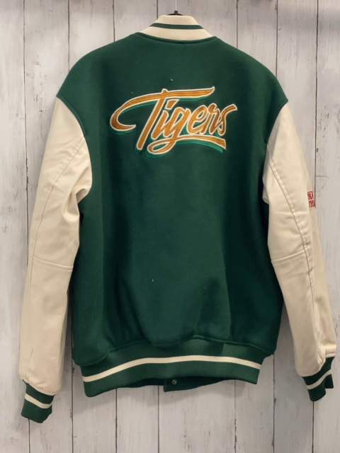 H&M  Collegejacke Gr. M grün mit Schrift + Tigeraufnäher creme lederoptik Ärmel 