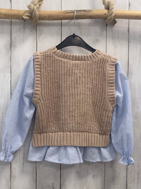  Bluse Gr. 110  hellblau weiß gestreift brauner Strickpullunder