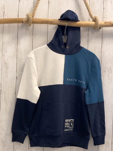   Pullover  Gr. 146  blau petrol weiß mit Kapuze + Schrift 