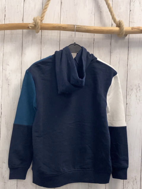   Pullover  Gr. 146  blau petrol weiß mit Kapuze + Schrift 