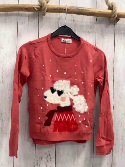 H&M  Pullover  Gr. 122/128  hellrot Strick weißer Plüschpudel mit schwarzer Brille 